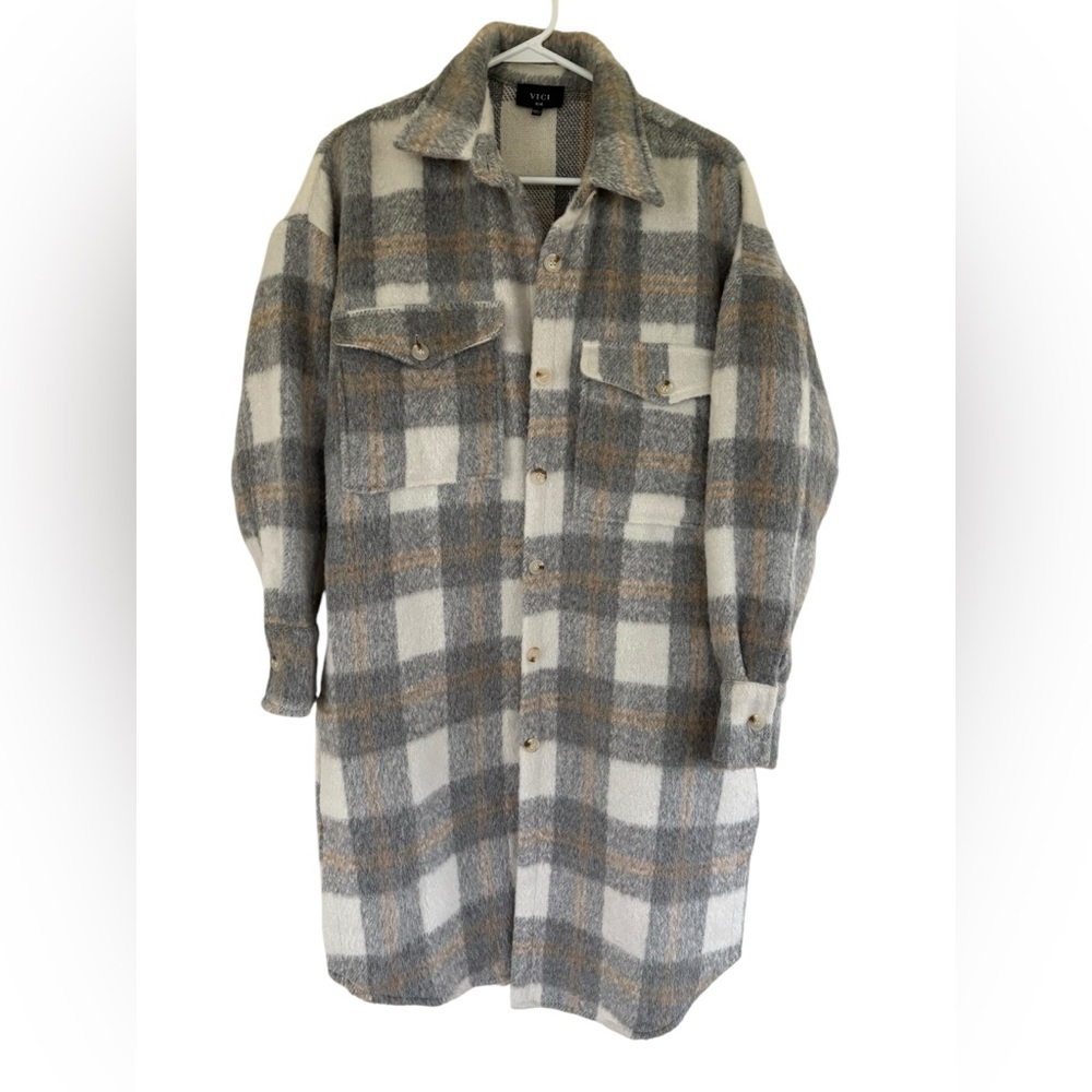 Vici Women's Oversize Wool Blend‎ Check Button Front Collar Jacket Size S/M
